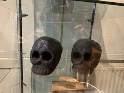 Black skull sculpture in a display cabinet